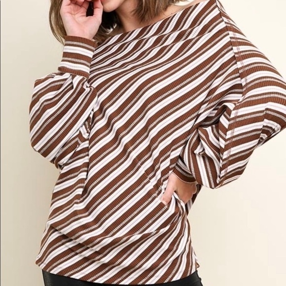 Striped Off Shoulder Long Dolman Sleeve Top. Super cute w/a bit of glitter - Picture 2 of 4